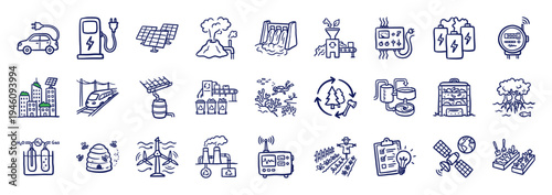 Sustainable energy and eco-friendly infrastructure doodle elements for environmental branding. Rustic hand-drawn marker sketch illustrations featuring green technology.