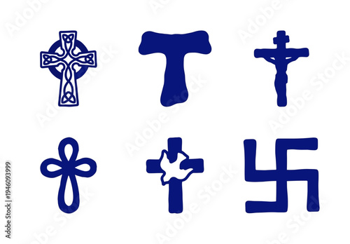 Hand-drawn religious symbols and Christian crosses featuring crude marker sketch aesthetic. Rustic naive doodle illustrations for spiritual brand identity.