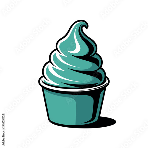 A vibrant green cartoon ice cream in a cup on a white background