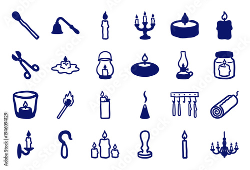 Rustic hand-drawn candle and fire elements for cozy branding. Naive marker sketch illustrations featuring wax, flames, and lighting tools.