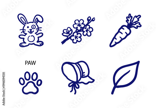 Hand-drawn spring and easter nature elements for rustic brand identity. Naive marker sketch illustrations featuring rabbit, carrot, and floral motifs.