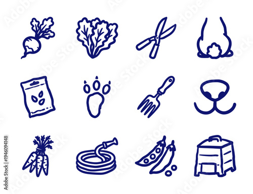 Hand-drawn gardening and backyard farming elements for organic brand identity. Rustic, naive marker sketch illustrations featuring home-grown vegetable garden concepts.