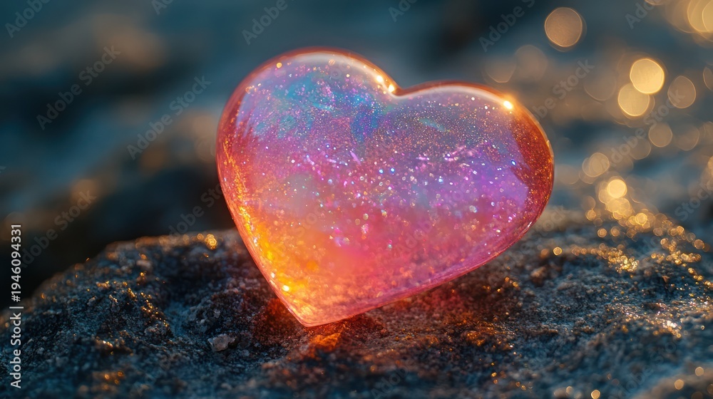 Fototapeta premium Heart-shaped gem on rocks, sunset glow, close-up, romantic imagery, possible use love, Valentine's Day