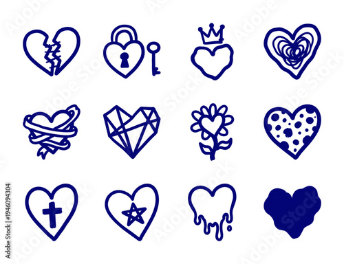Hand-drawn romantic heart doodles with naive marker aesthetic. Rustic heart sketches featuring broken, locked, and floral love symbols for organic branding.