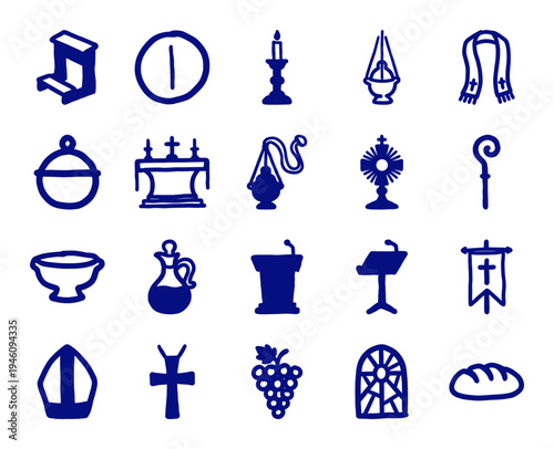 Hand-drawn Christian liturgical symbols for religious education and church branding. Rustic indigo blue marker sketch illustrations featuring catholic mass elements.