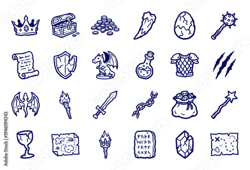Medieval fantasy adventure elements for tabletop gaming and storytelling. Rustic hand-drawn blue ink doodles featuring dragon, sword, and treasure.
