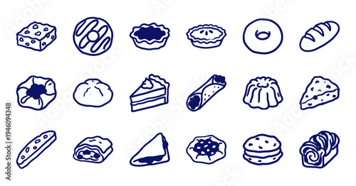 Hand-drawn bakery and pastry elements for organic food branding. Rustic, naive marker sketch illustrations featuring delicious sweets and bread.