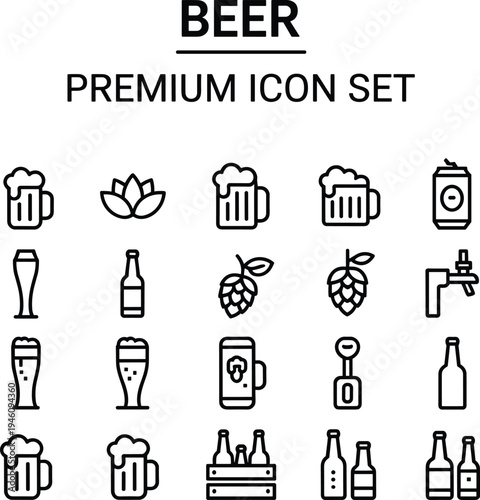 beer icon set, brewery drink icons collection, beer mug bottle hop symbols, pub alcohol outline vector pack