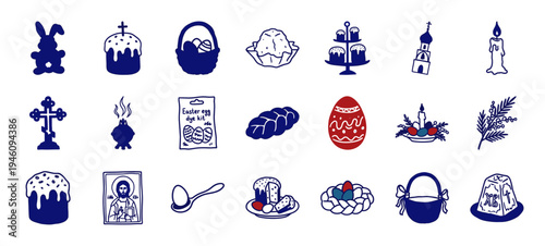 Orthodox Easter celebration elements in hand-drawn naive doodle style. Rustic blue and red illustrations of kulich bread, pascha, eggs, and church icons.