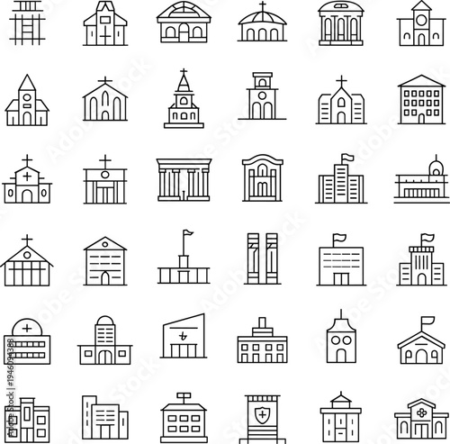 building icons, architecture outline set, church school bank library icons, civic buildings, thin line vector, urban institutions collection, city landmarks