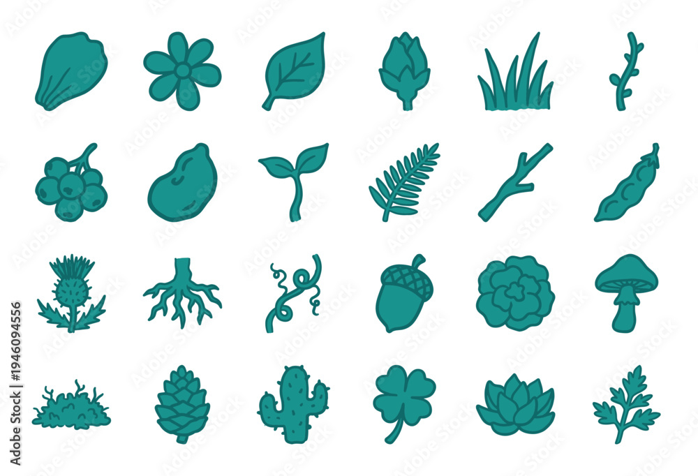 Fototapeta premium Hand-drawn botanical forest elements for organic branding. Rustic naive marker sketch illustrations featuring leaves, plants, and woodland nature.