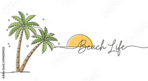 Vector illustration of two palm trees and sunset with 'Beach Life' text