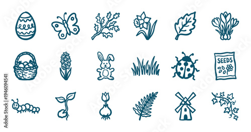 Hand-drawn spring garden and Easter elements for organic brand identity. Rustic, naive marker sketch illustrations featuring nature and growth.