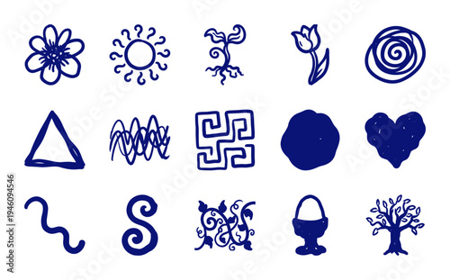 Hand-drawn organic nature and abstract shapes for rustic brand identity. Naive marker sketch illustrations featuring floral, celestial, and geometric concepts.