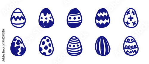 Hand-drawn Easter egg doodles with blue ink marker textures. Naive organic shapes featuring zigzags, polka dots, and rustic striped patterns.