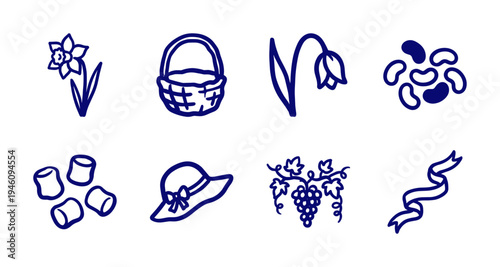 Hand-drawn spring and garden elements in a rustic monoline doodle style. Naive blue ink sketches of flowers, basket, and organic seasonal motifs.