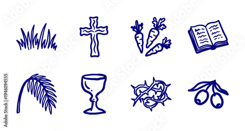 Hand-drawn religious and agricultural symbols in a rustic marker sketch style. Naive doodle illustrations featuring Christian motifs and organic harvest elements.
