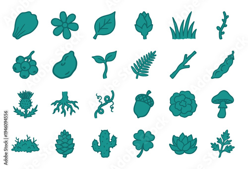 Hand-drawn botanical forest elements for organic branding. Rustic naive marker sketch illustrations featuring leaves, plants, and woodland nature.