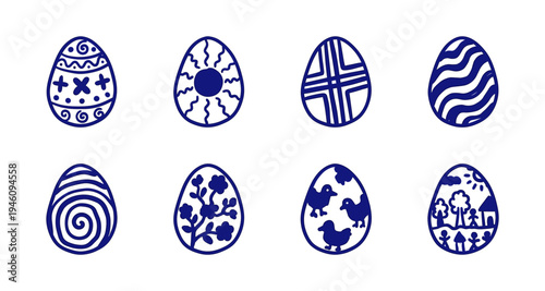 Hand-drawn Easter egg illustrations with rustic folk patterns and naive seasonal motifs. Clumsy blue marker sketches for holiday branding and DIY crafts.