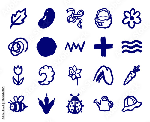 Hand-drawn garden and spring nature elements for organic brand identity. Rustic, naive marker sketch illustrations featuring floral and backyard concepts.