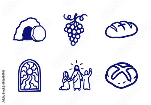 Hand-drawn Christian Easter and Eucharist elements for religious brand identity. Rustic, naive blue marker sketch illustrations of biblical symbols.