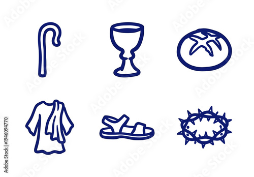 Hand-drawn Christian religious symbols in a rustic marker doodle style. Naive organic outlines featuring communion elements and biblical motifs.