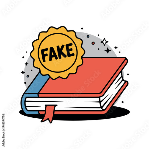 A cartoon illustration of a red book with a fake seal on it