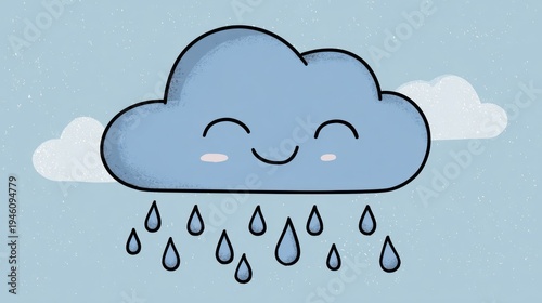 Cute, smiling cloud with raindrops falling on a blue, speckled background