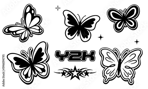 Black and white stylized y2k butterflies with stars and tribal y2k text. Conceptual vector illustration for retro nostalgia clipart and tattoo designs.