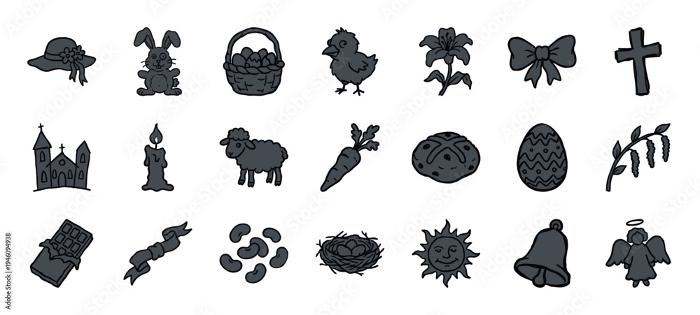 Naklejka premium Hand-drawn Easter and religious celebration elements for organic festive branding. Rustic, naive marker sketch illustrations featuring spring holiday concepts.