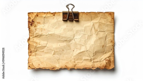 Distressed tan paper is held by a metallic clip against a bright white background