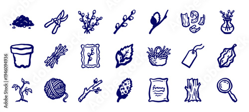 Rustic hand-drawn gardening and floriculture elements with pussy willow branches. Naive marker sketch illustrations for organic spring branding.