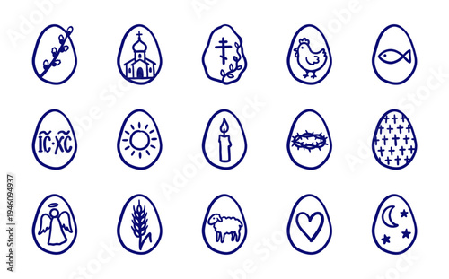 Hand-drawn Orthodox Easter symbols for rustic holiday branding. Naive marker sketch illustrations featuring church, willow, and paschal motifs.