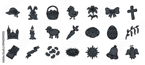 Hand-drawn Easter and religious celebration elements for organic festive branding. Rustic, naive marker sketch illustrations featuring spring holiday concepts.