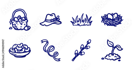 Hand-drawn Easter and spring garden elements with rustic marker sketch aesthetic. Naive blue ink doodles of baskets, eggs, and seasonal plants.