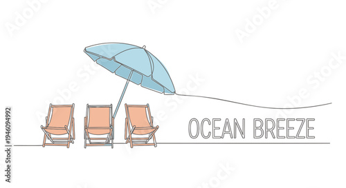 Vector illustration of 3 beach chairs under umbrella, ocean breeze