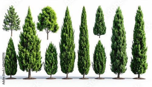 Diverse assortment of evergreen trees isolated on white, displaying varying shapes & sizes