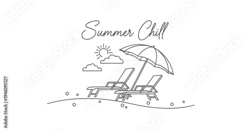 Vector illustration of beach chairs, umbrella, and sun under 'Summer Chill' text