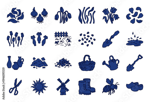 Hand-drawn Dutch gardening and tulip cultivation elements for organic brand identity. Rustic, naive marker sketch illustrations featuring spring horticulture.