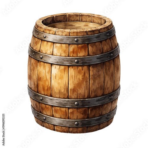 A watercolor illustration of a rustic wooden barrel with metal bands for farmhouse decor designs, vintage tavern graphics, winery branding, and rustic packaging illustrations.