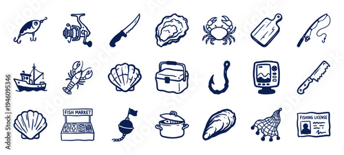 Hand-drawn commercial fishing and seafood elements for rustic branding. Naive marker sketch illustrations featuring maritime equipment and ocean harvest.