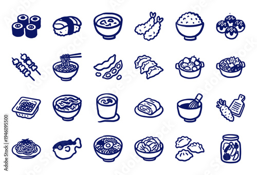 Hand-drawn Japanese cuisine and sushi elements for organic restaurant branding. Rustic, naive marker sketch illustrations featuring traditional Asian food.