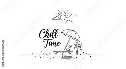 Vector illustration of beach chair, umbrella and palm tree with 'Chill Time' text
