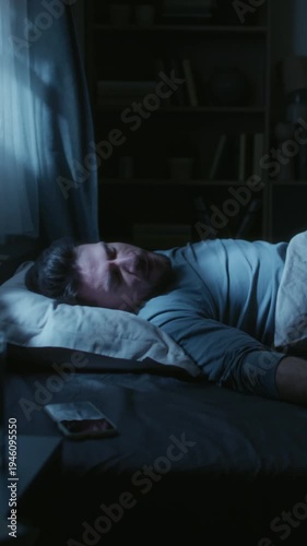 Vertical shot of adult man lying in bed burying face in pillow struggling to fall asleep in dark bedroom during late night