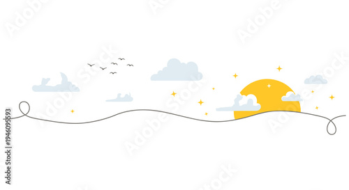 Vector sunrise landscape with clouds and birds