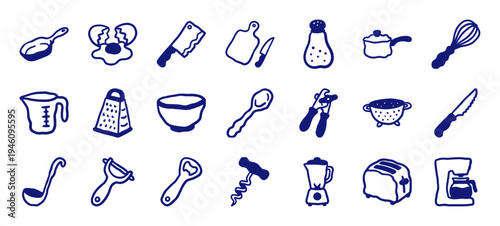 Hand-drawn kitchen utensils and cooking tools for rustic brand identity. Naive marker sketch illustrations featuring culinary and food preparation elements.