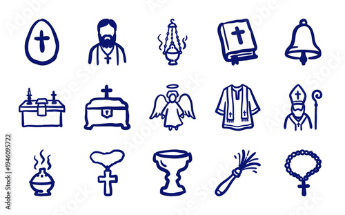 Hand-drawn Christian Orthodox and Catholic liturgical elements for religious identity. Rustic naive marker sketch of church rituals and sacred objects.