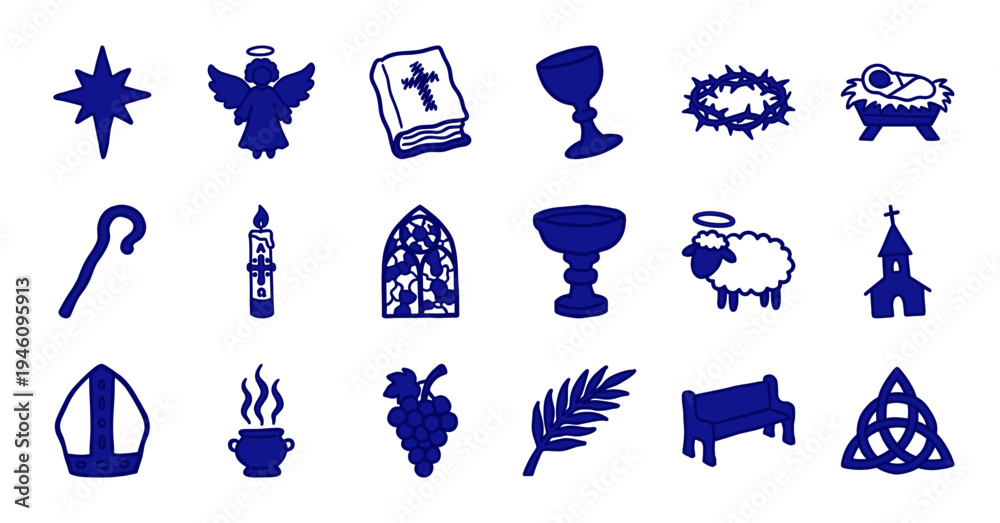 Obraz premium Hand-drawn Christian religious symbols and liturgical elements for spiritual branding. Rustic naive marker sketch illustrations of church faith concepts.