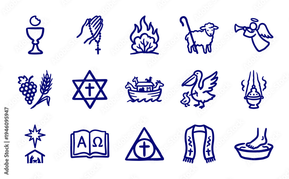 Naklejka premium Hand-drawn Christian religious symbols and biblical motifs in a naive marker sketch style for church branding and spiritual storytelling.