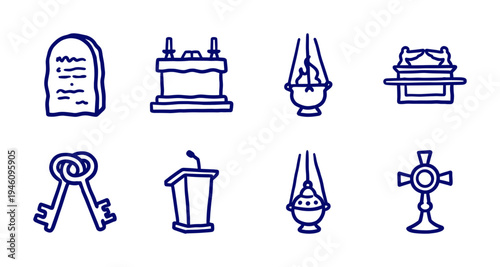 Hand-drawn religious and spiritual symbols for organic church branding. Rustic, naive marker sketch illustrations of sacred altar and ceremonial items.